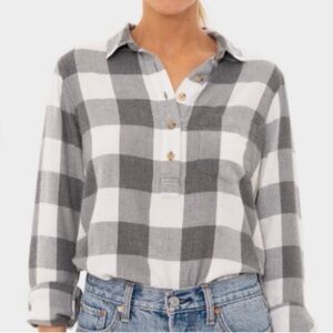 Marine Layer Clara Popover Buffalo Check Gray/White Long Sleeve Flannel Small